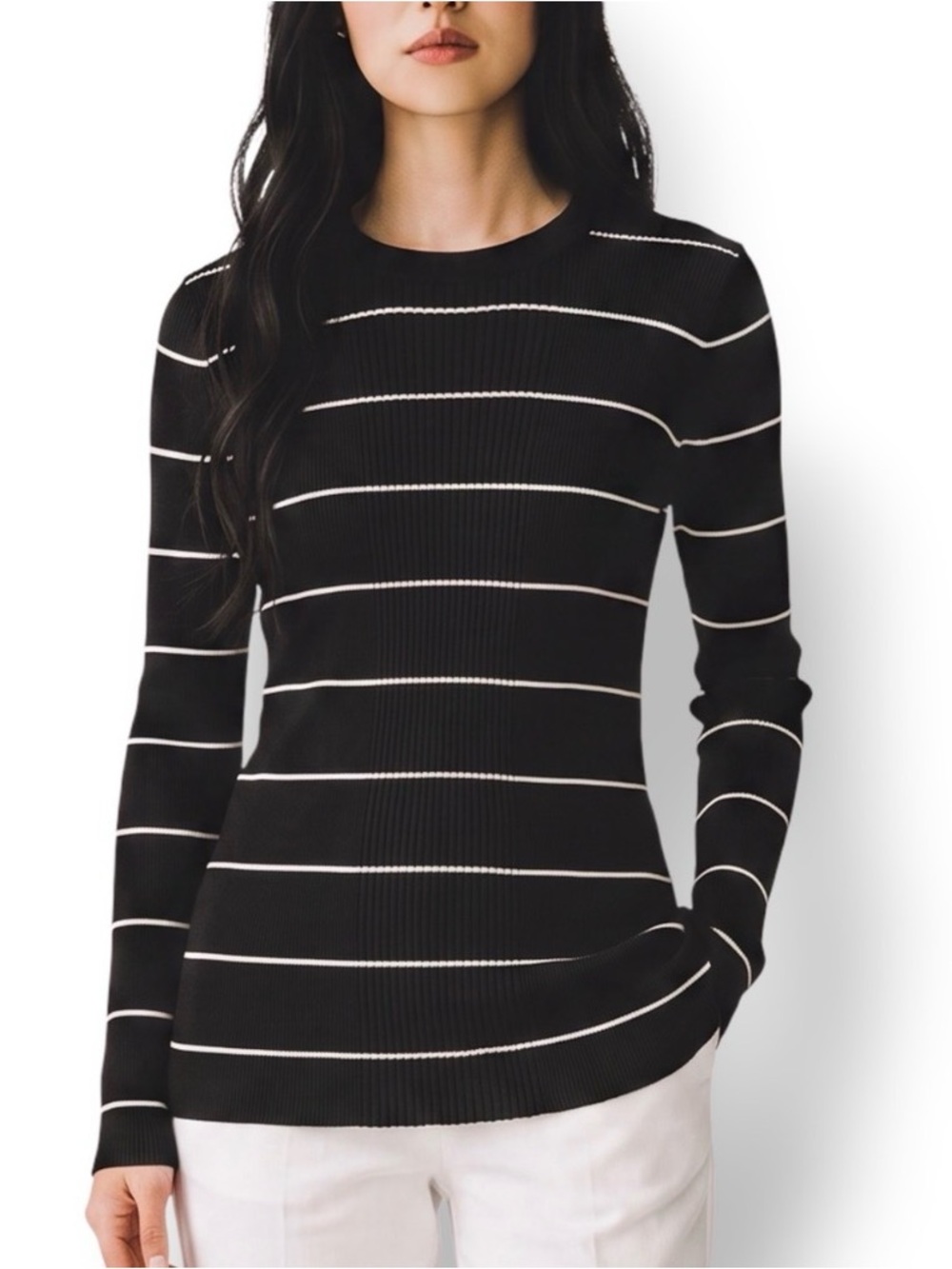 Black & White Striped Crewneck Sweater - Women Athleta merino wool blend